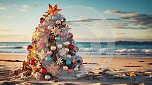 Christmas Tree Made of Starfish and Seashell Ornaments On The Ocean Shore Beach Sand - Generative AI