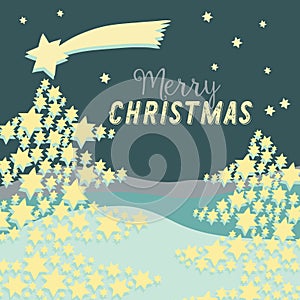 Christmas tree made of stars with big star flying above. Vector illustration on dark green background. Merry Christmas