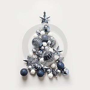 Christmas tree made of stars, blue balls on grey background. Xmas composition. Flat lay, top view. Holiday Greeting card. Happy