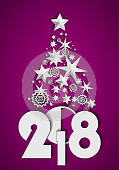 Christmas Tree made of stars and snowflakes on purple background. New Year 2018 concept