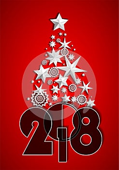 Christmas Tree made of stars and snowflakes on red background. New Year 2018 concept