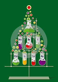 Christmas tree made of test tubes and bubbles on dark green background