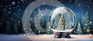 Christmas tree in Christmas Magic Snow Ball on snow in winter forest, banner format photo