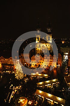 Christmas tree on the main square. Night Christmas Decoration of Prague`s main square. Street, open area. Christmas in