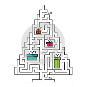 Christmas tree maze labyrinth game for kids. Labyrinth logic conundrum. One entrance and one right way to go. Vector