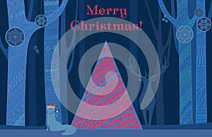 Christmas tree. Merry Christmas and Happy New Year card with deer and christmas tree in mysterious forest. Beautiful