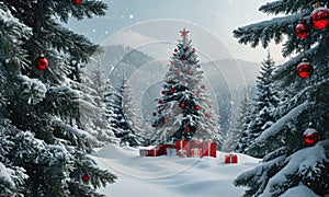 A Christmas tree is in the middle of a snow field with a mountain in the background.