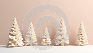 Christmas Tree Mockup Closeup isolated on beige pink background. Christmas Eve different types. Winter traditional holidays. Merry