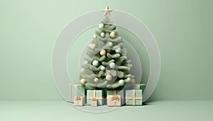 Christmas Tree Mockup Closeup isolated on green background. Christmas Eve with gift boxes. Winter traditional holidays. Merry