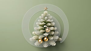 Christmas Tree Mockup Closeup isolated on green background. Christmas Eve top view flat lay. Winter traditional holidays. Merry