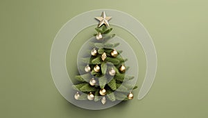 Christmas Tree Mockup Closeup isolated. Green background. Christmas Eve top view flat lay. Winter traditional holidays. Merry