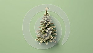 Christmas Tree Mockup Closeup isolated. Green background. Christmas Eve top view flat lay. Winter traditional holidays. Merry