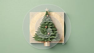 Christmas Tree Mockup Closeup isolated. Green background. Christmas Eve top view flat lay. Winter traditional holidays. Merry