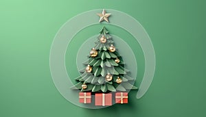 Christmas Tree Mockup Closeup isolated on green background. Christmas Eve with gift boxes and copy space. Winter traditional