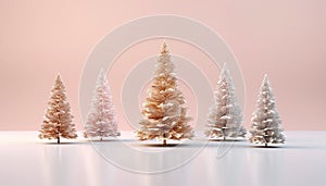 Christmas Tree Mockup Closeup isolated on grey pink background. Christmas Eve different types. Winter traditional holidays. Merry
