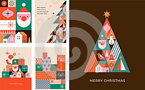 Christmas tree in modern minimalist geometric style. Colorful illustration in flat cartoon style. Xmas tree with