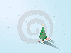 Christmas tree in modern minimalistic isometric polygonal geometric style. White background with snowing.