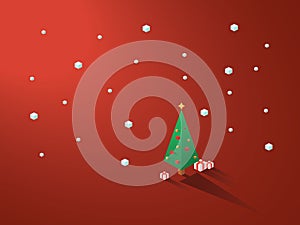 Christmas tree in modern minimalistic isometric polygonal geometric style. White background with snowing.