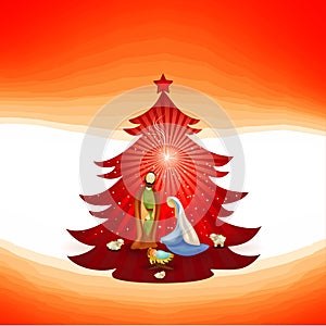 Christmas tree with modern nativity scene on red background. Scene of Bethlehem