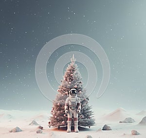 Christmas tree on the moon surface with an astronaut celebrating.