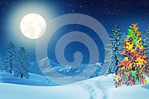 Christmas tree in moonlit winter landscape at night photo