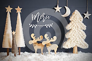 Christmas Tree, Moose, Moon, Stars, Snow, Merci Means Thank You