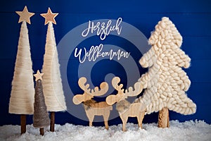 Christmas Tree, Moose, Snow, Herzlich Willkommen Means Welcome