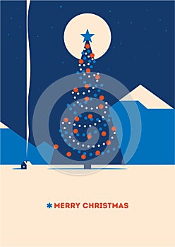 Christmas tree with mountains minimalistic vector illustration