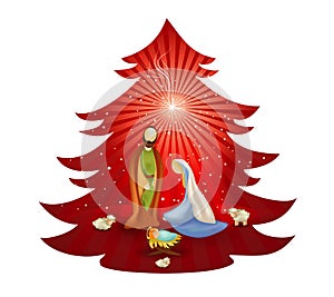 Christmas tree nativity scene with holy family on red background. Bethlehem