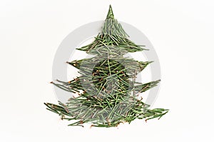 Christmas tree needles on the white Background. Pine tree branches. New Year Concept.