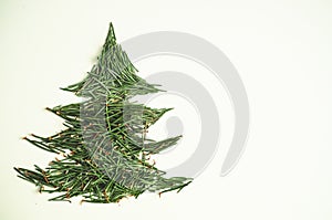 Christmas tree needles on the white Background. Pine tree branches. New Year Concept.