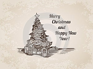 Christmas tree New Year handdrawn engraving style template