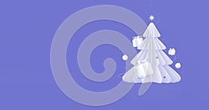 Christmas Tree With New Year\'s Balls Toy and Gifts on a Purple Studio Background.