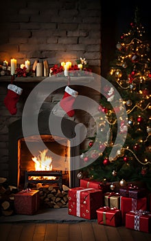 Christmas tree and New Year's gifts in a cozy interior with fireplace