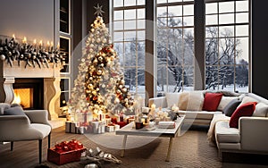 Christmas tree and New Year's gifts in a cozy interior with a sofa and fireplace by the window