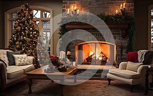Christmas tree and New Year's gifts in a cozy interior with a sofa and fireplace by the window