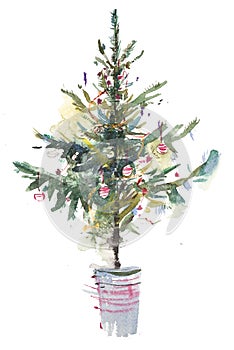 Christmas tree. New year, xmas celebration. Watercolor drawing. Watercolour painting