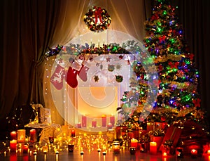 Christmas Tree Night Room Interior, Home Decoration Lights