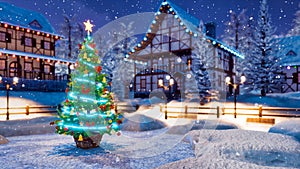 Christmas tree on night rural landscape background