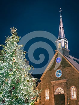 Christmas tree, old Church, Place Royale, Petit-Champlain, Quebec City, Canada