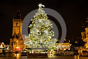 Christmas tree at Old Town Square at night, Prague, Czech Republic