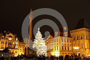 Christmas tree on Old Town Square in Prague at night