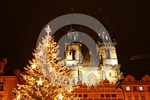 Christmas tree on Old Town Square in Prague at night