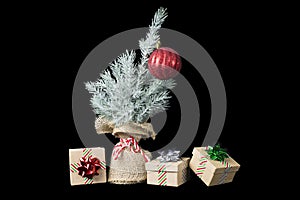 Christmas tree with one ornament and presents wrapped in ribbon