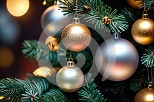 Christmas tree ornament decoration. Xmas ball red color decorated hanging on a fir branch, closeup view, copy space. AI