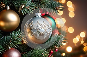 Christmas tree ornament decoration. Xmas ball red color decorated hanging on a fir branch, closeup view, copy space. AI