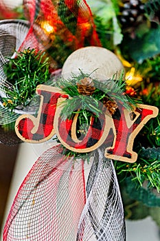 Christmas tree ornament  with the word "Joy" on it