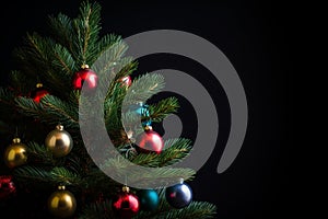 a christmas tree with ornaments on it against a black background