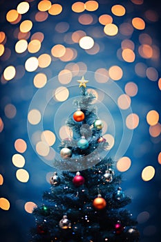 a christmas tree with ornaments on it against a bokeh background