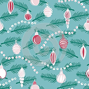 Christmas tree ornaments with branches on turquoise background seamless vector pattern.